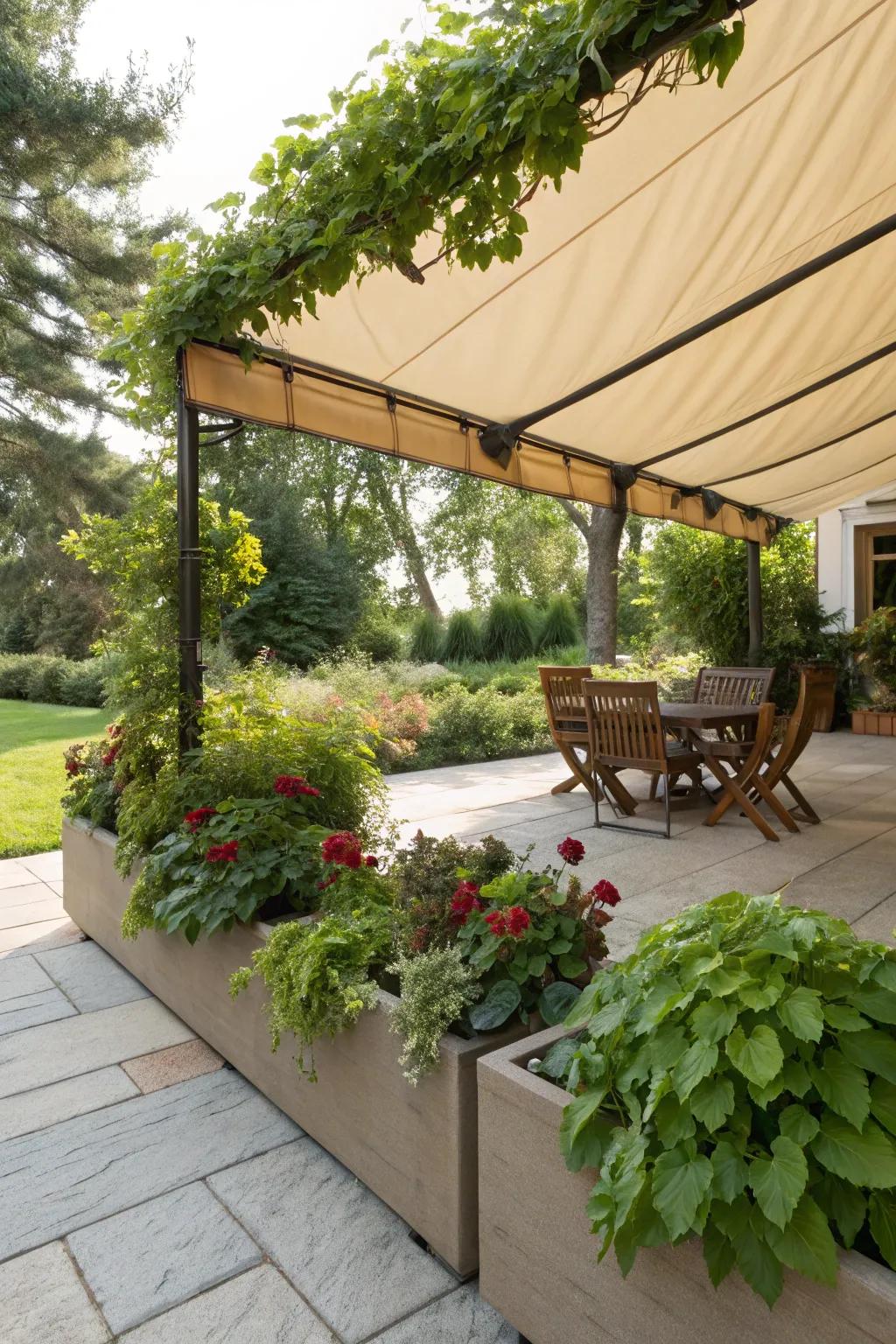 In-built planters turn canvas shelters into green escapes.