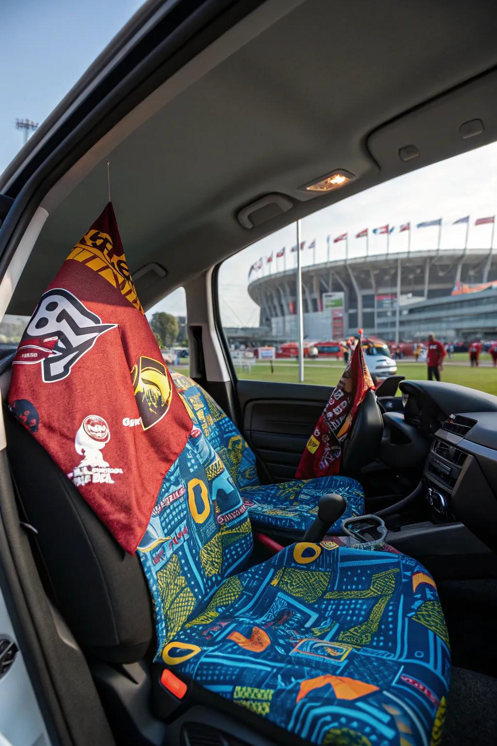 A car decked out in sports fan gear, ready for game day excitement.