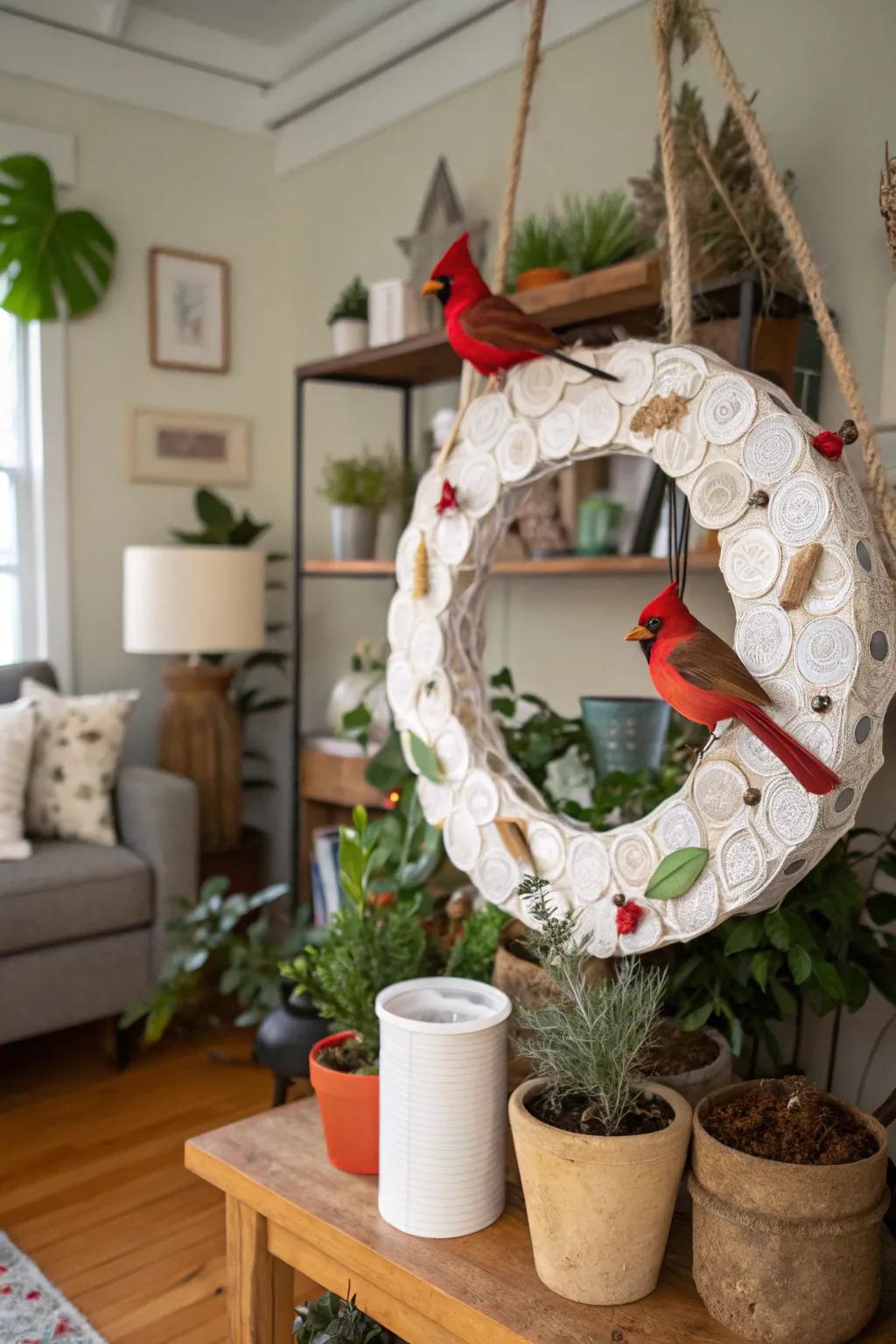 An eco-conscious wreath featuring handcrafted cardinals.