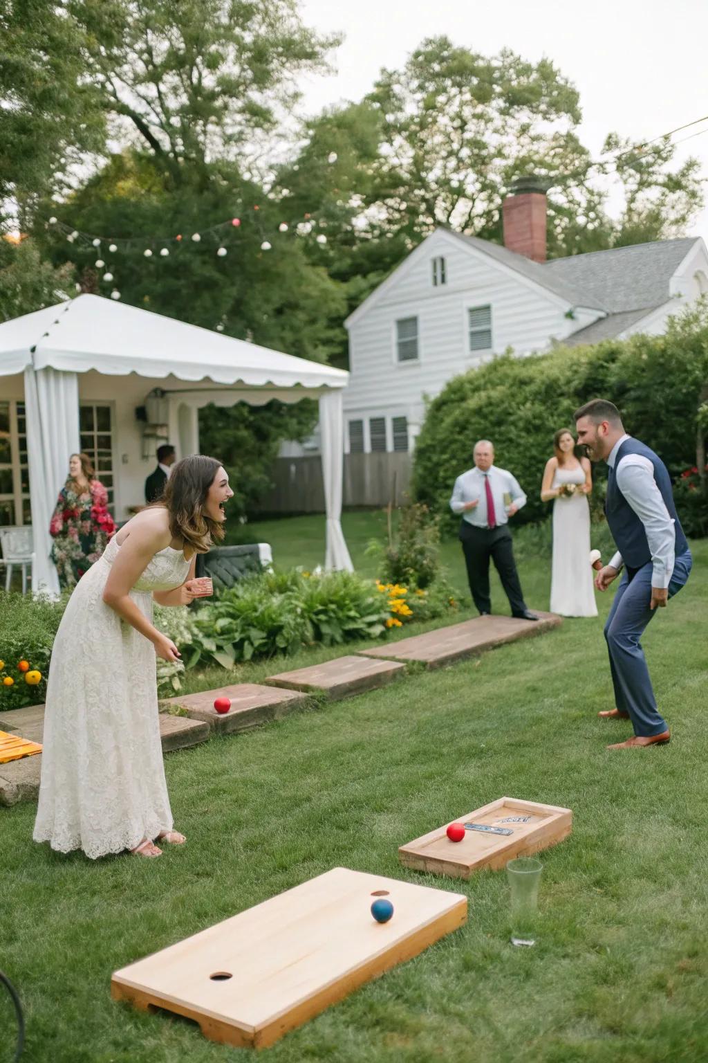 Guests enjoying interactive lawn games at the wedding.