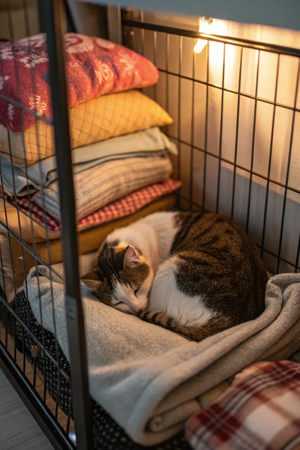 Blankets offer comfort and warmth for an inviting cat corner.