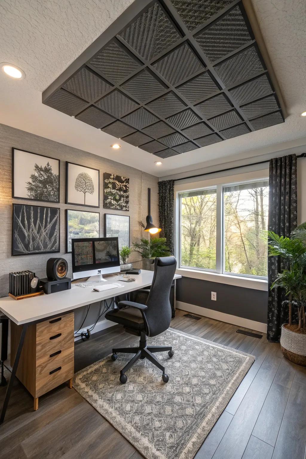 Soundproof ceiling panels for a peaceful home office.