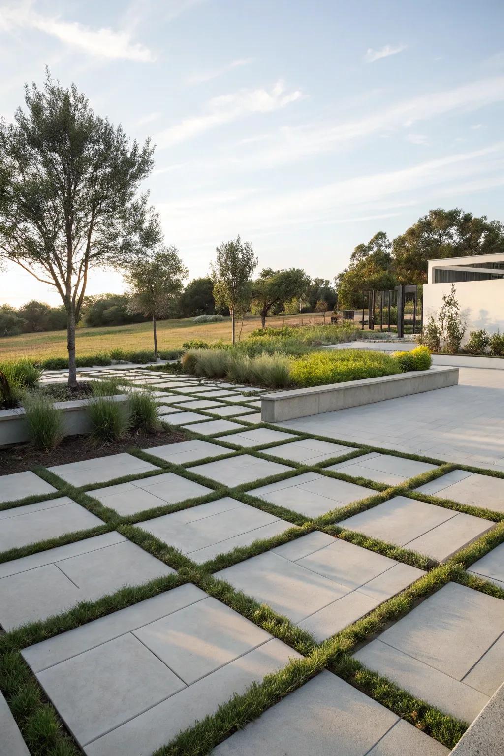 Modern geometric concrete pavers, forming a bold outdoor statement.