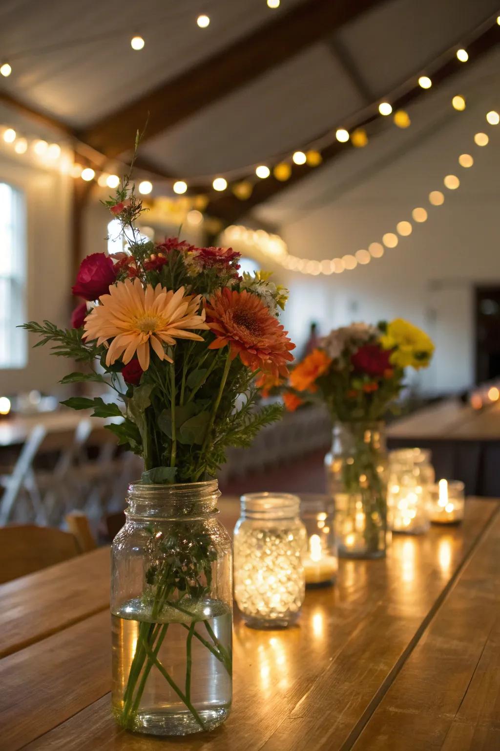 Canning vessels showcasing twinkle lights and flowers for a rustic charm.