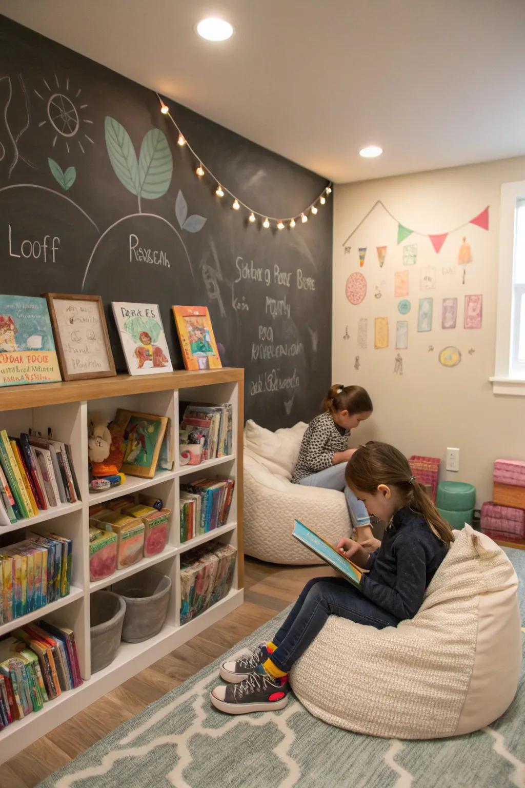 A slate wall elevates a comfortable reading nook.