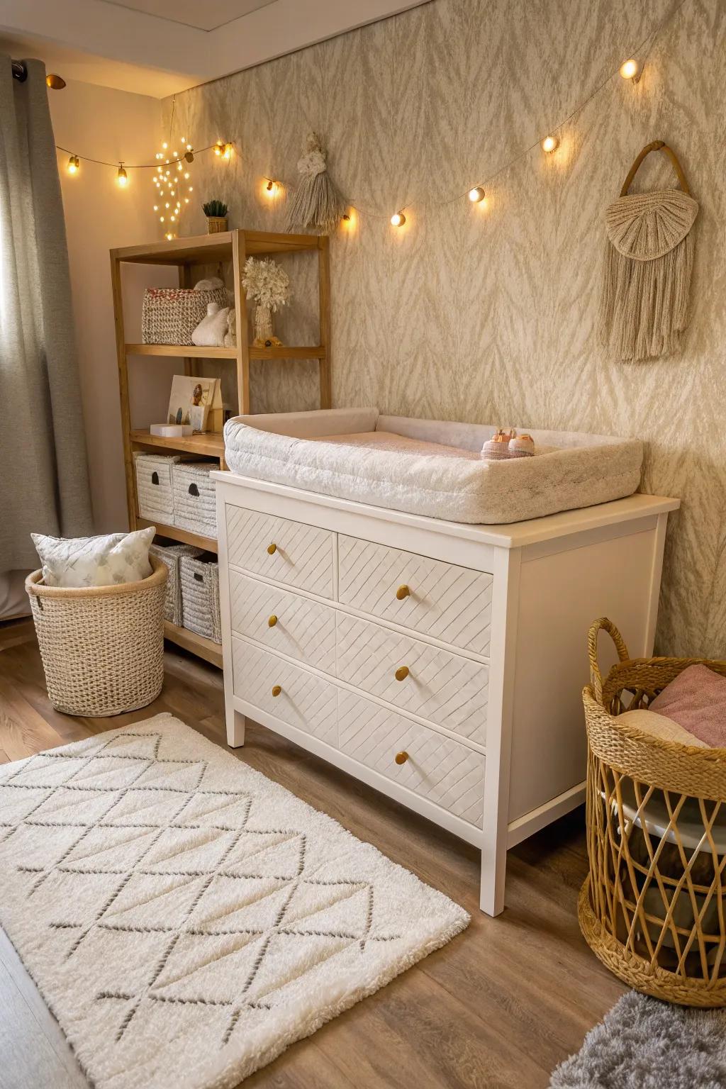 A blend of weaves contributes coziness and visual fascination.
