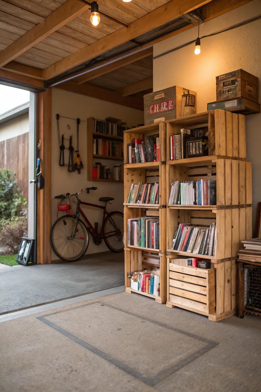 A mini library adds a touch of literacy to your garage space.