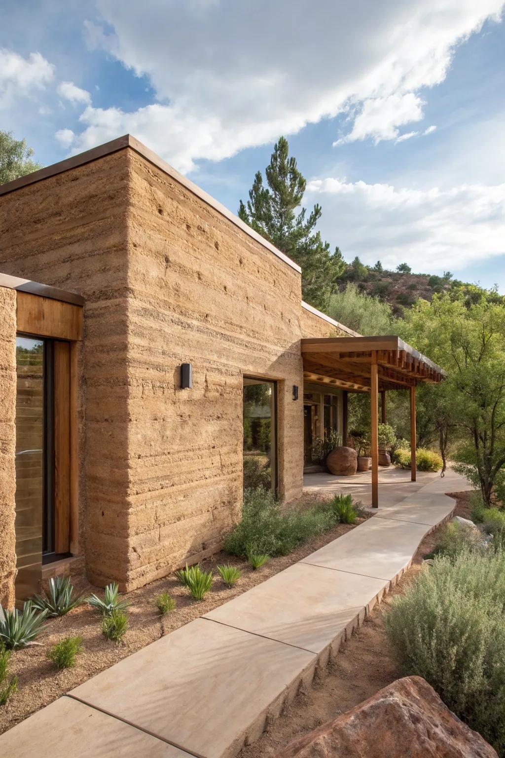 A sturdy and sustainable packed dirt home with a rustic appeal.