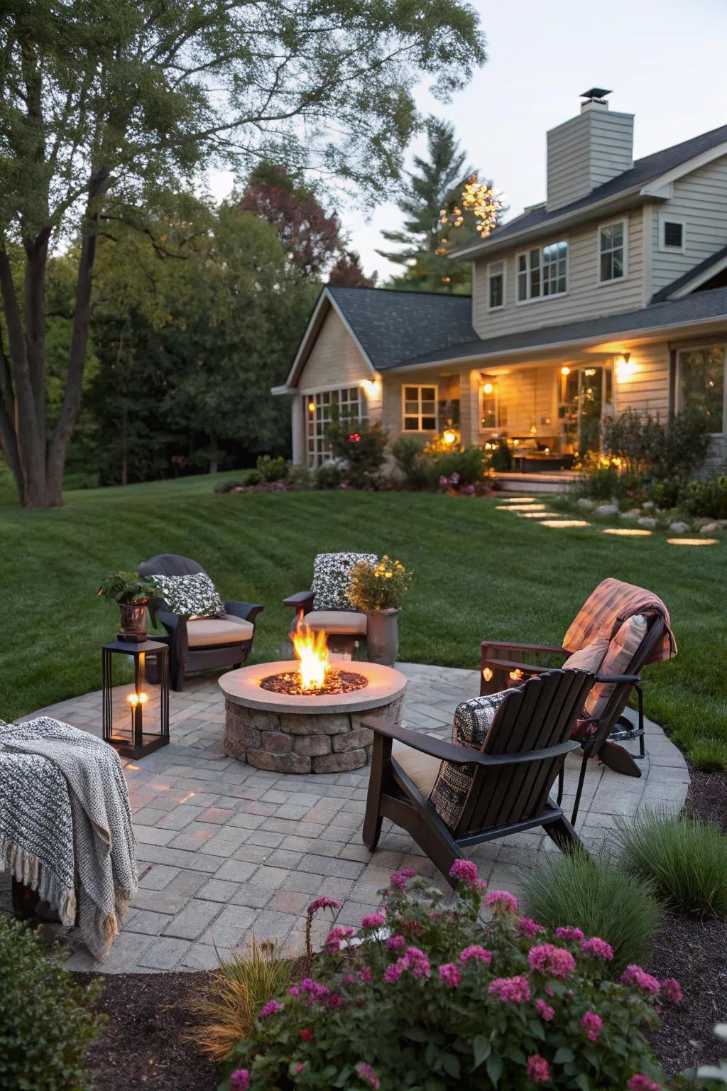 A bonfire spot fashions a welcoming area for hangouts and tranquility.