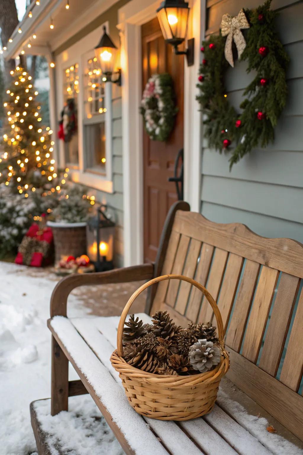 A basket of woodland cones adds rustic charm to your holiday presentation.