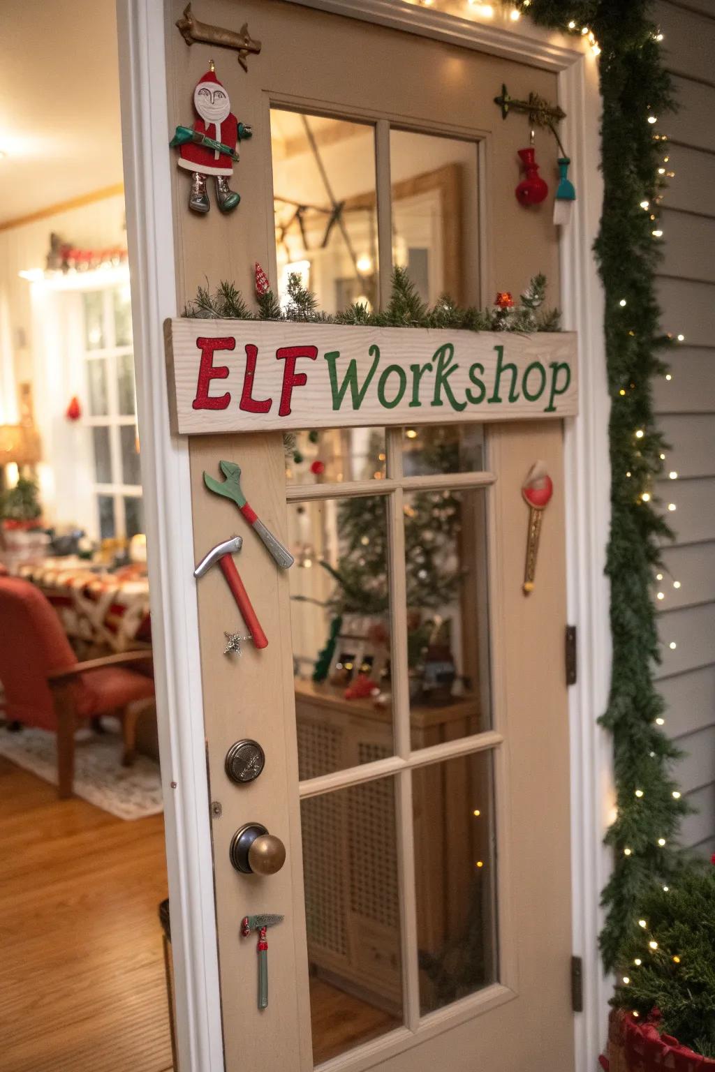 Step into the world of busy elves with this unique door.