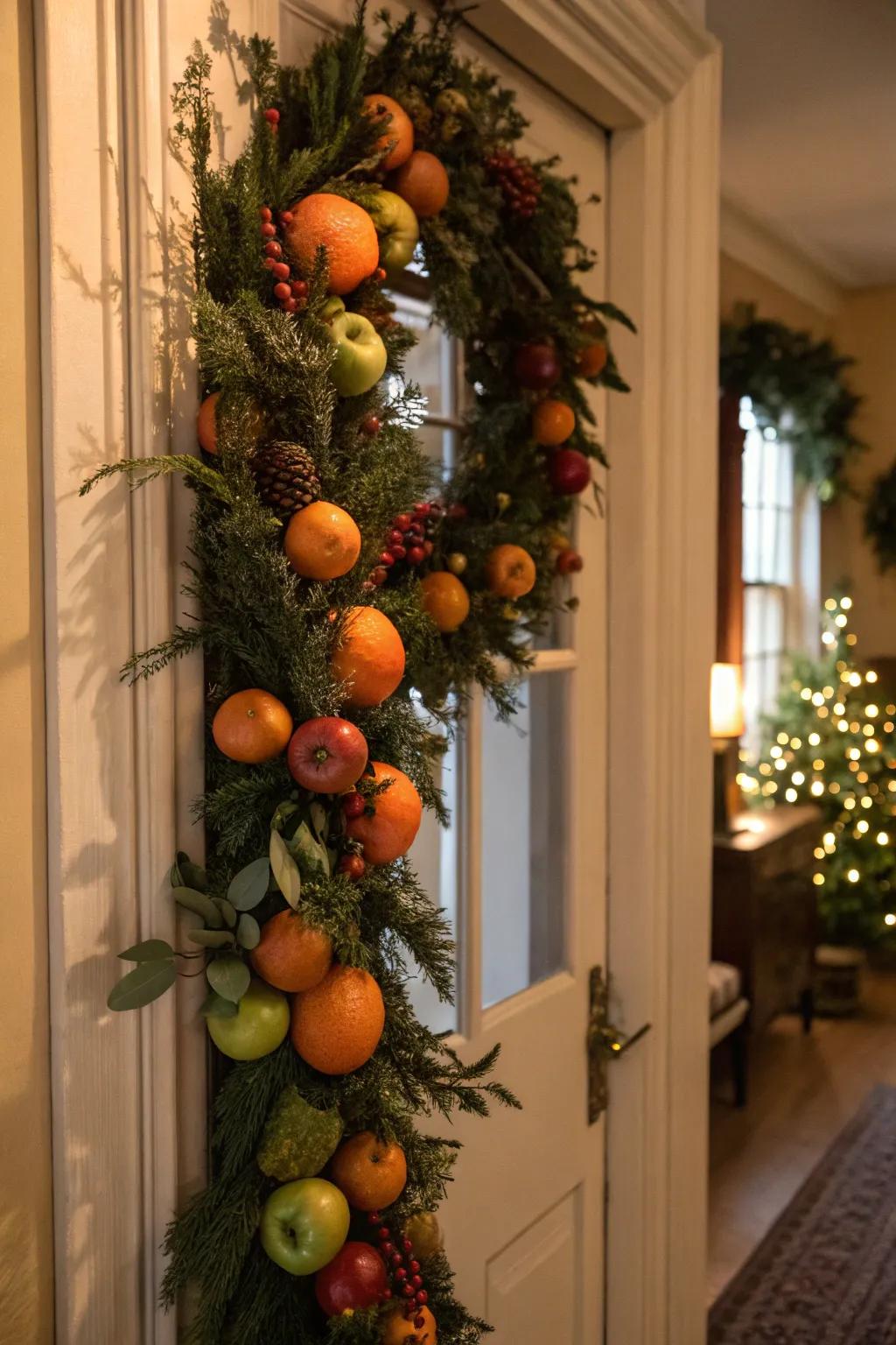 A celebratory fruit garland enhances this entrance with old-world charm.