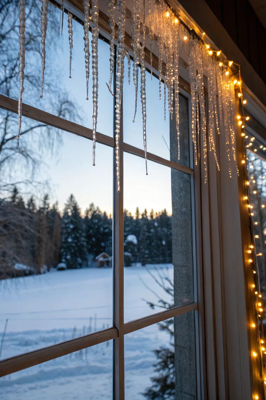 Icicle lights mimic nature’s frost for an enchanting look.