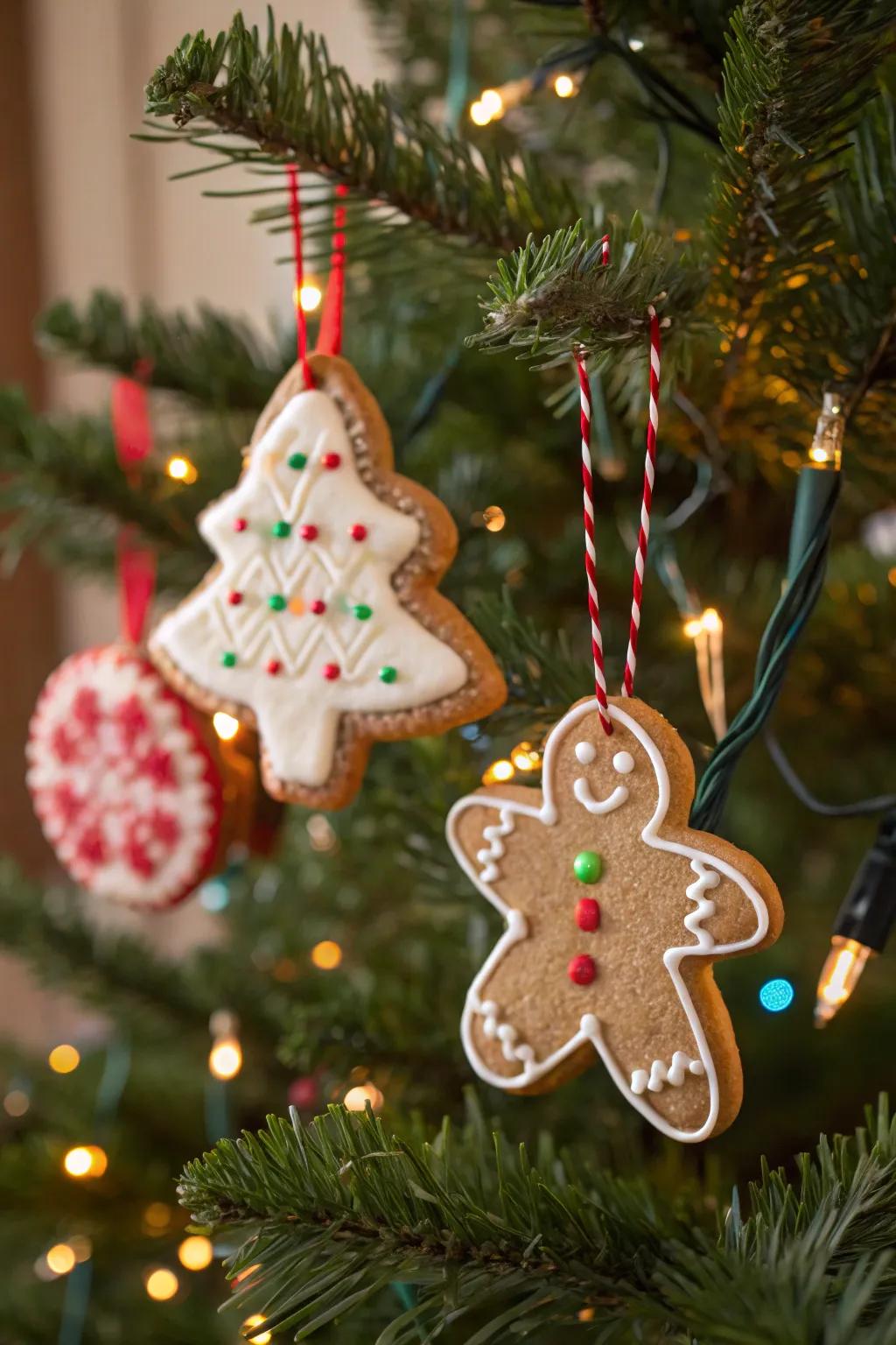 Spice-infused bread and granulated treat decorations displayed on a tree.