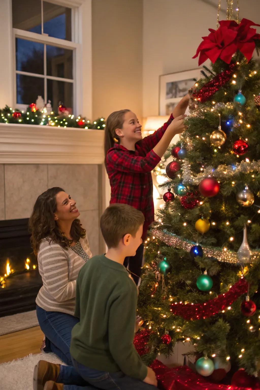 Family ornamenting the holiday tree together.
