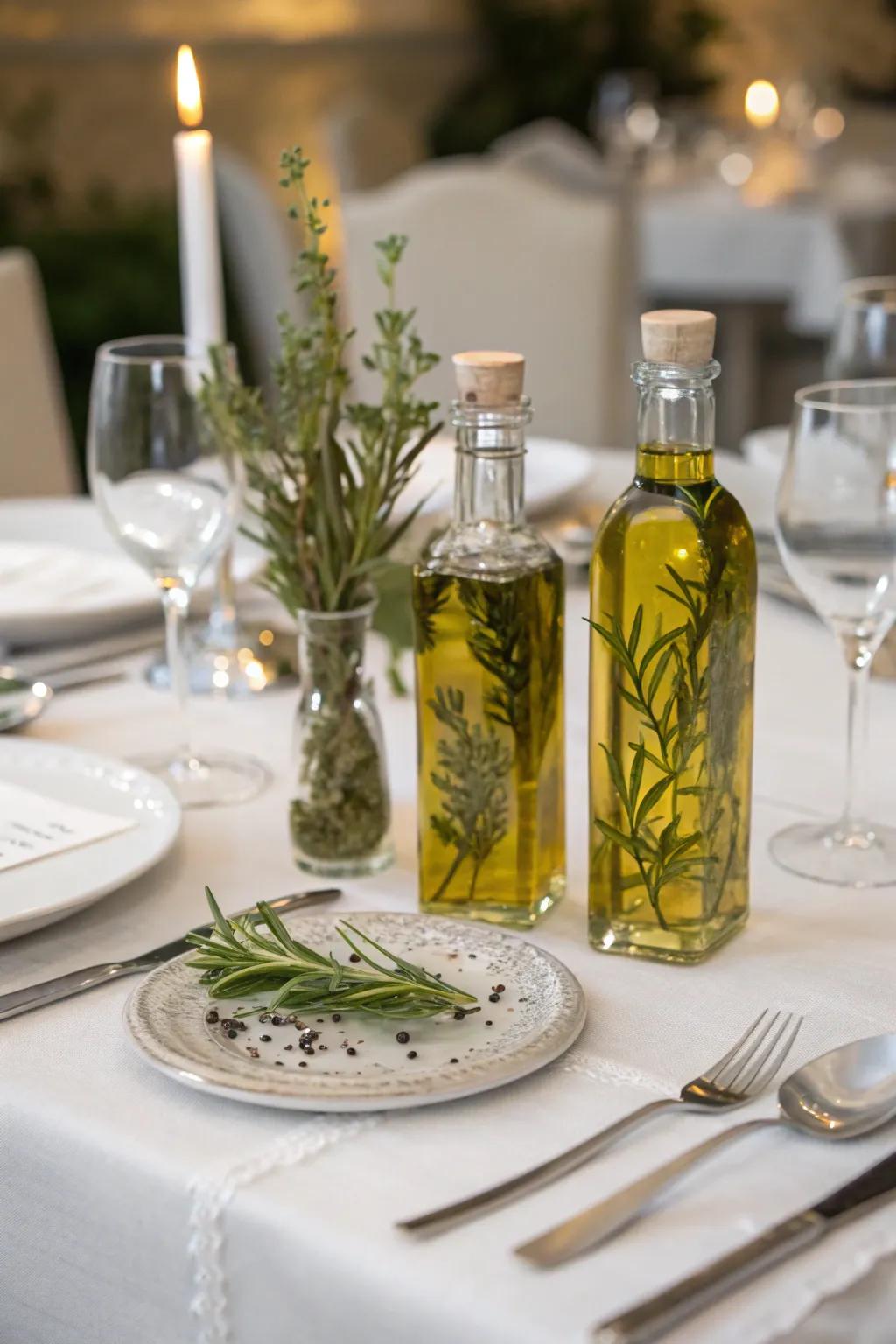 Gourmet olive extract bottles make a sophisticated table present.