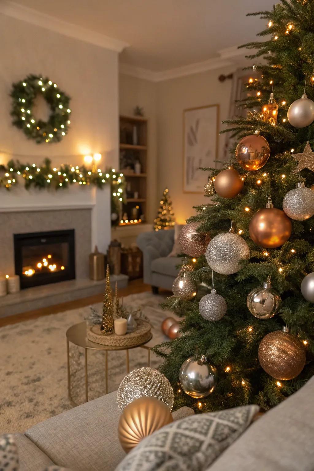 Sparkling metals with shimmering holiday decorations.