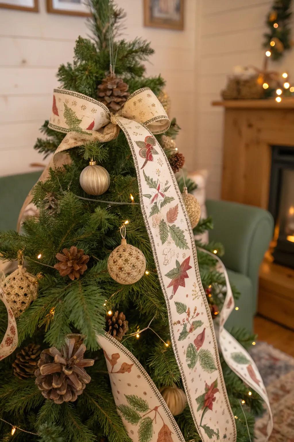 A Christmas tree with nature-inspired ribbons, conveying an outdoor accent to interior decor.