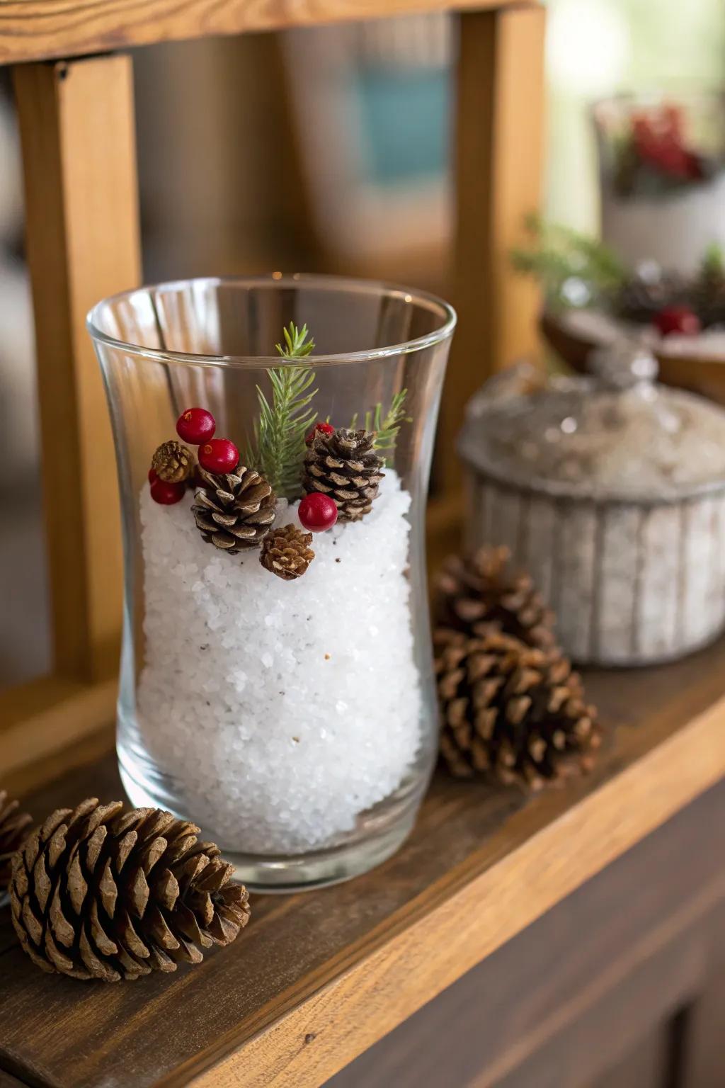 Wintry marvel: bitter salt establishes a snowy scene within a vase.