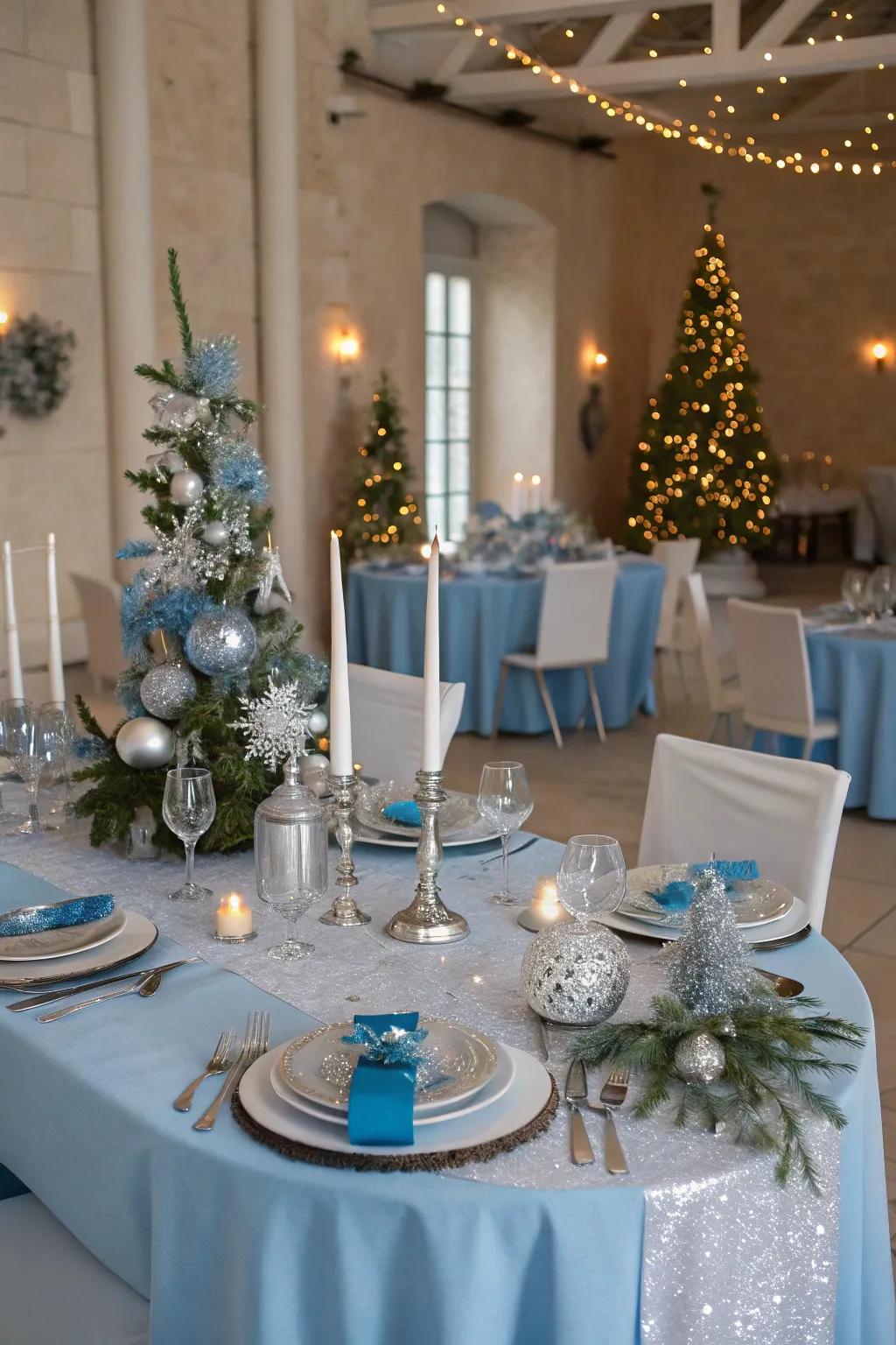 Silver and blue create a chic, wintry refinement.