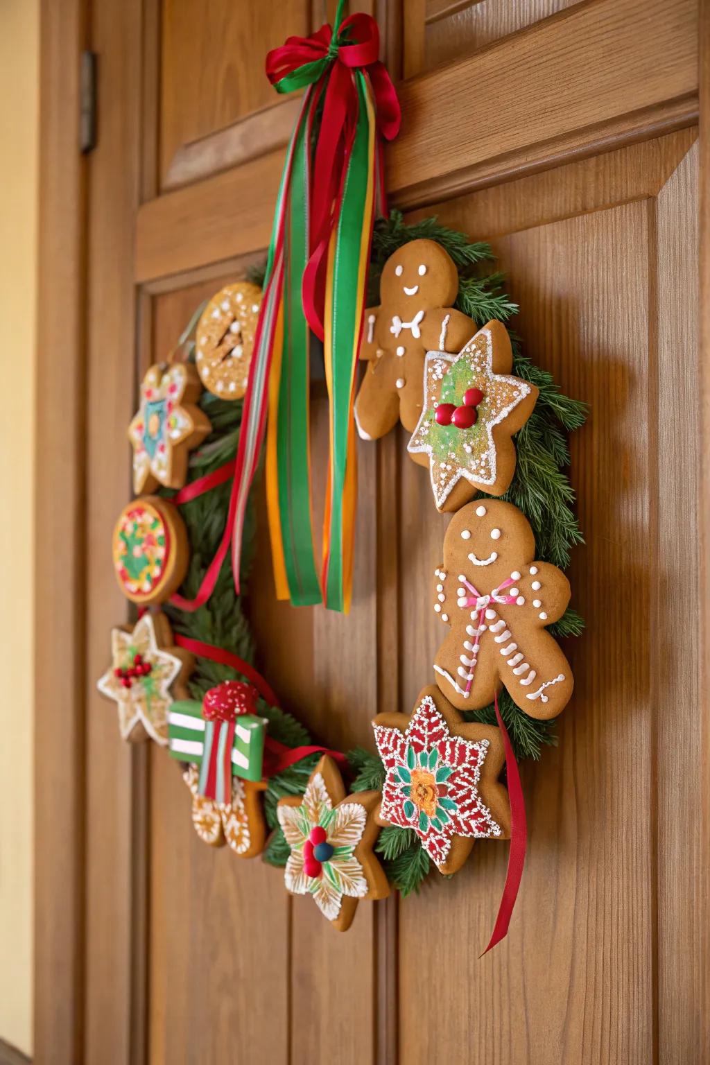 A tasty gingerbread cookie wreath that's both ornamental and delicious.