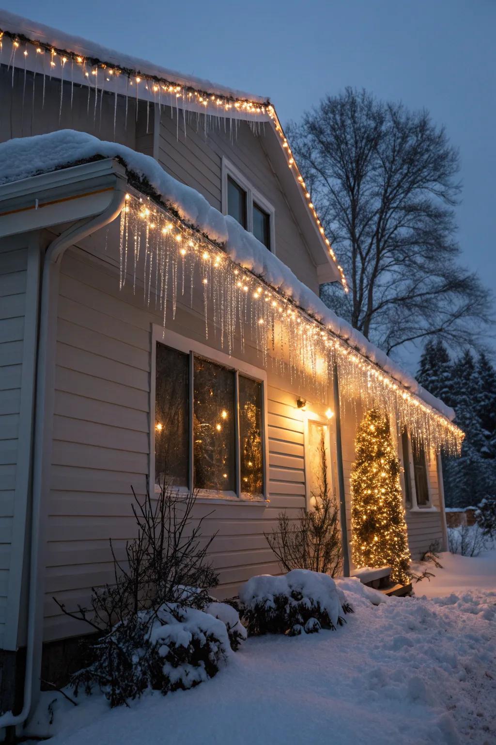 A house roofline beautifully outlined with frozen drop lights.