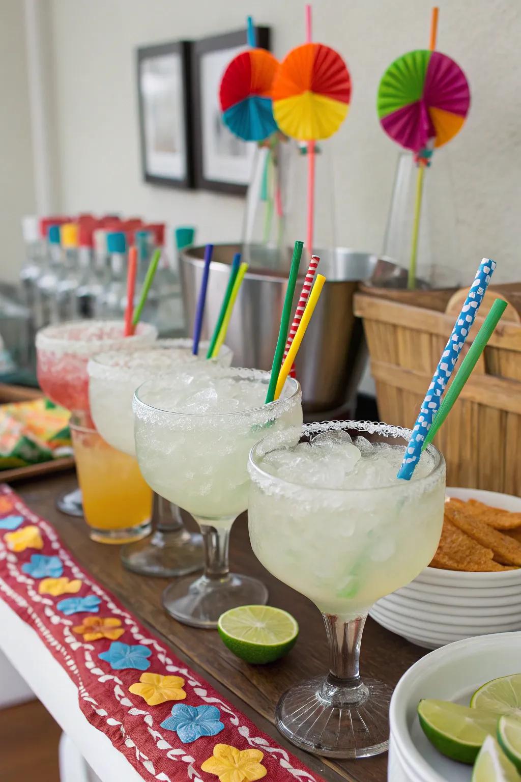 A vibrant refreshment station featuring festive margaritas and aguas frescas.