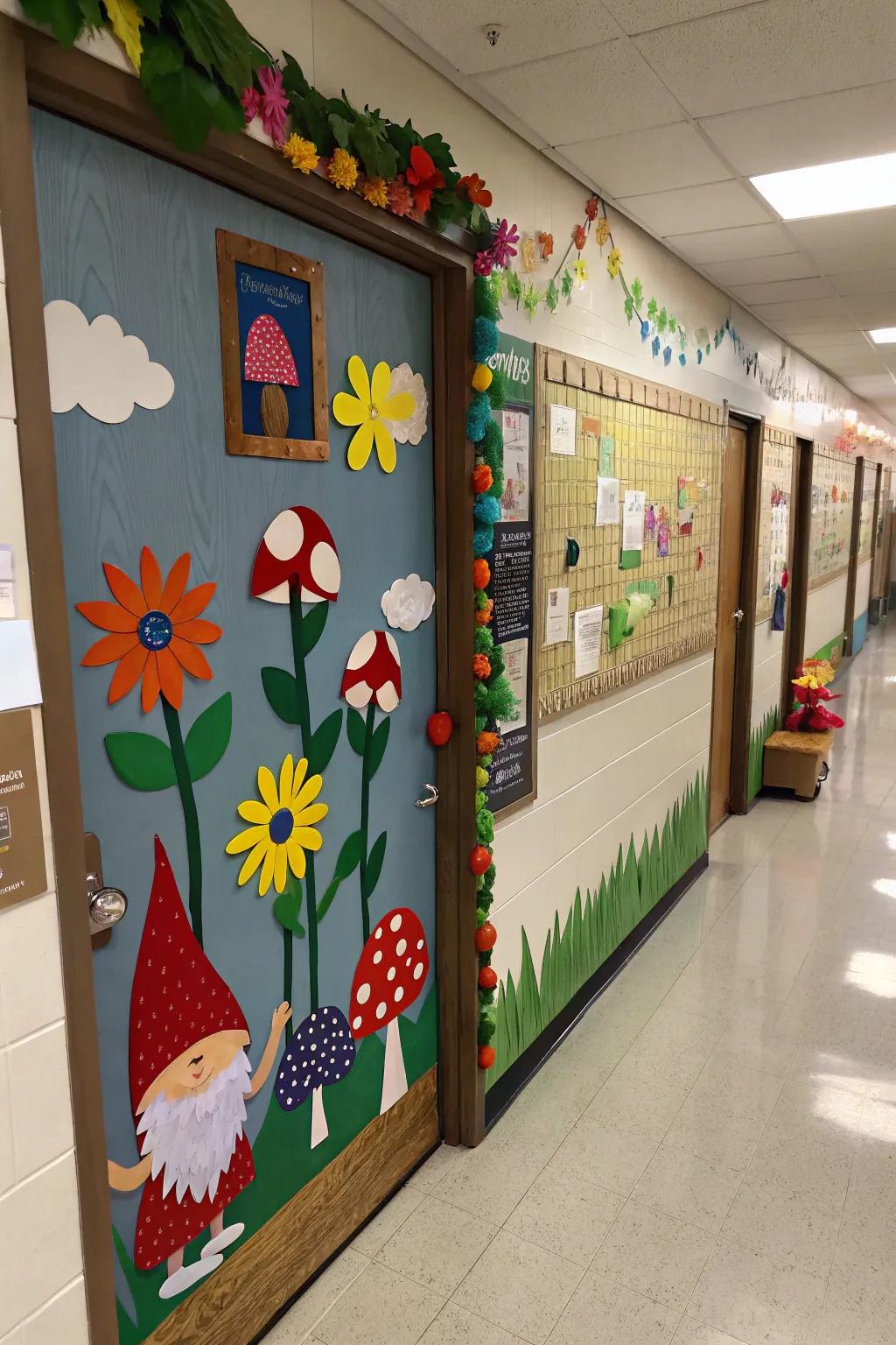 A whimsical garden elf-themed learning space doorway.