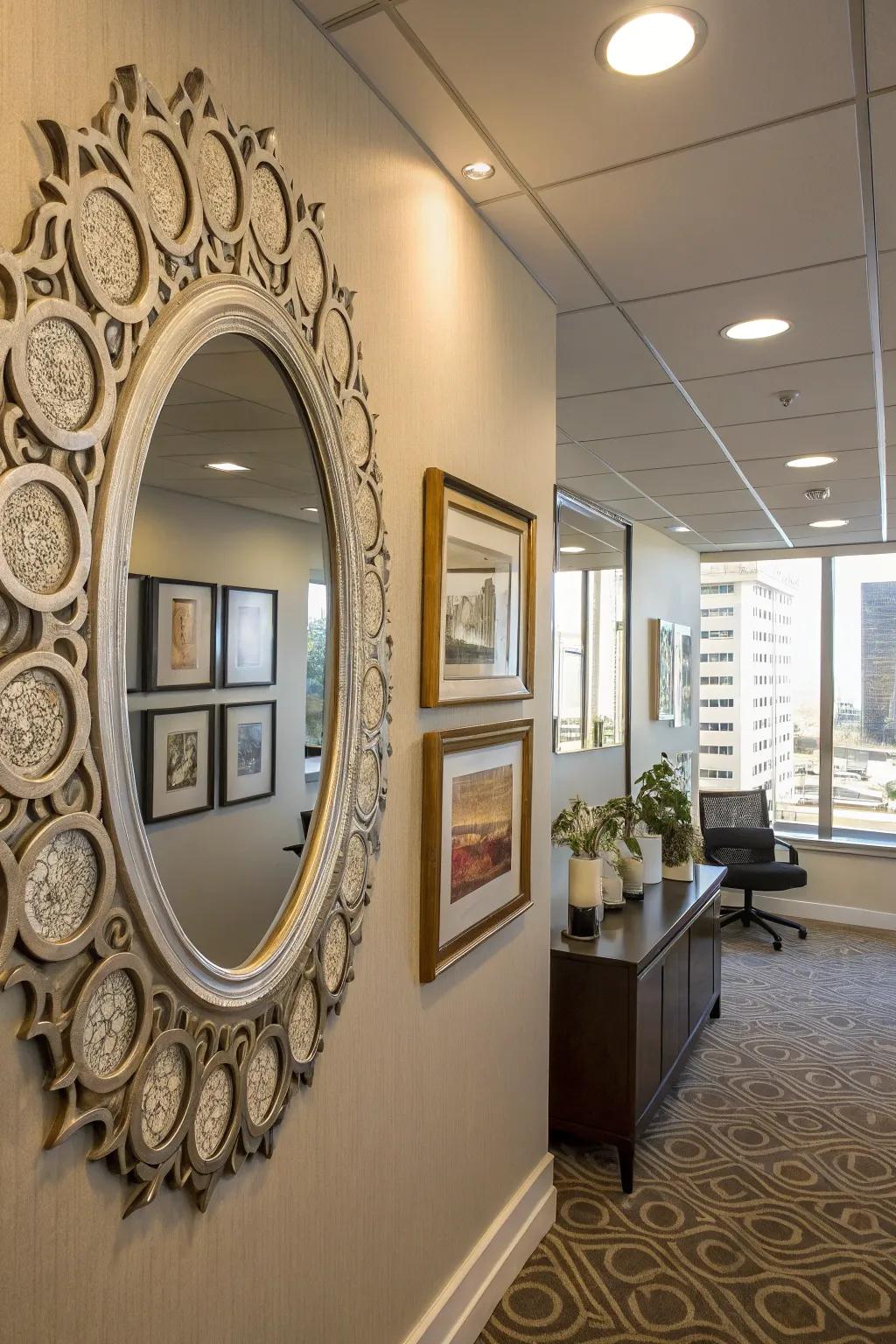Decorative mirrors maximize light and space in a leadership office.