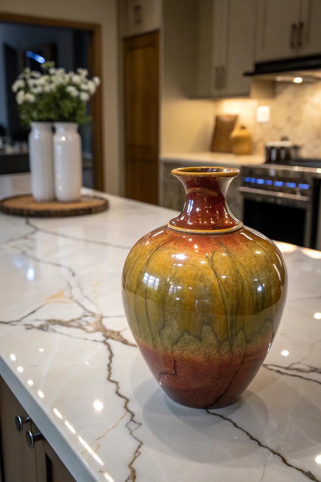 An earthenware flower holder with a shiny, glazed coating that exudes grace and sophistication.