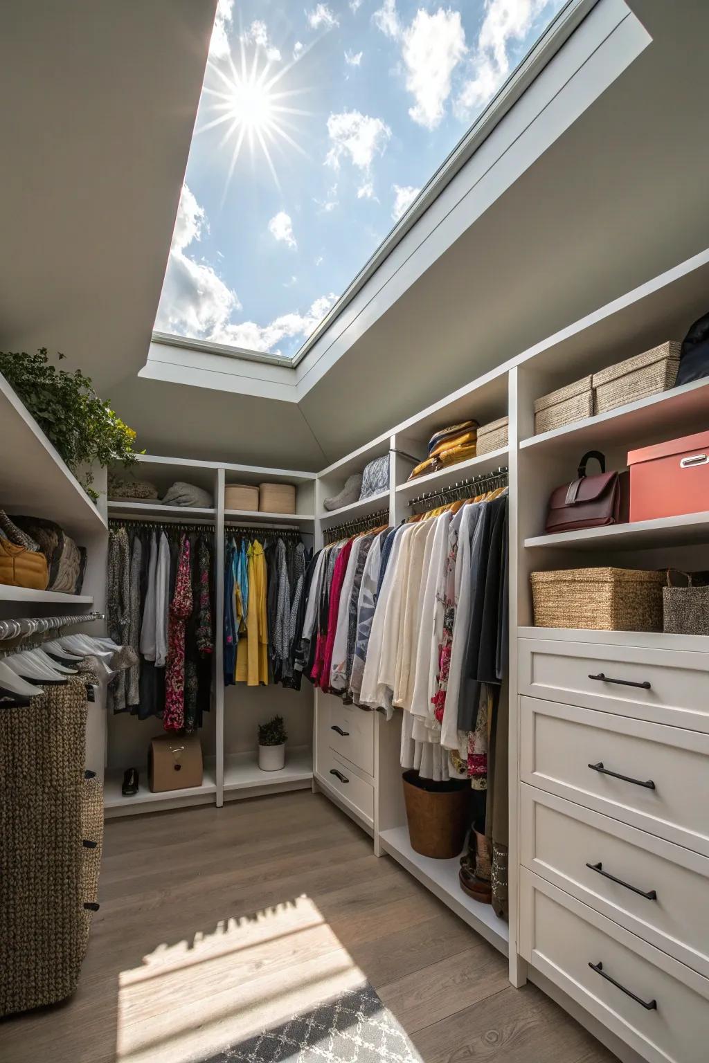 A skylight transforms your closet via natural light, creating an energetic space.