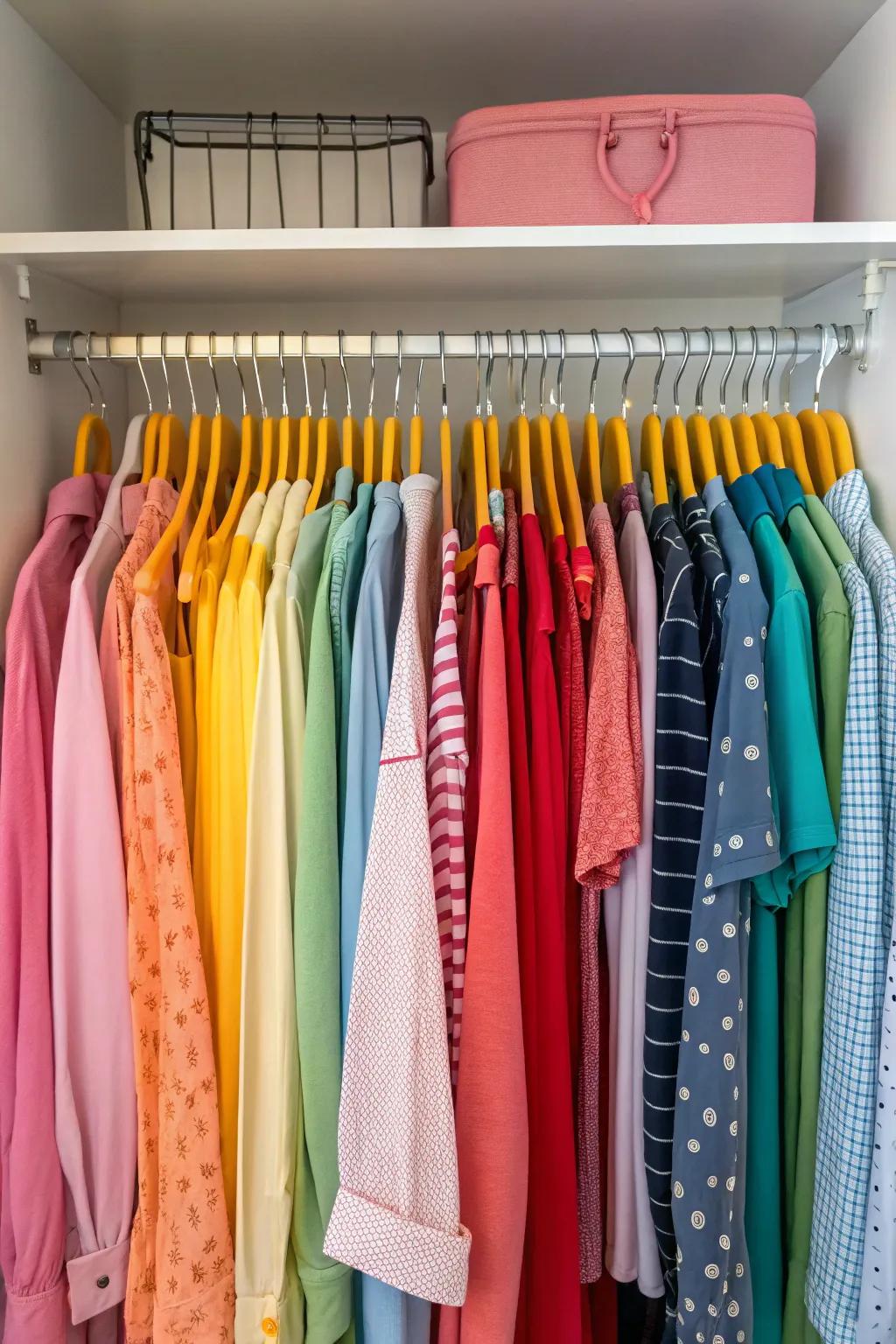 Colorful hangers add a playful and artistic element to closet organization.