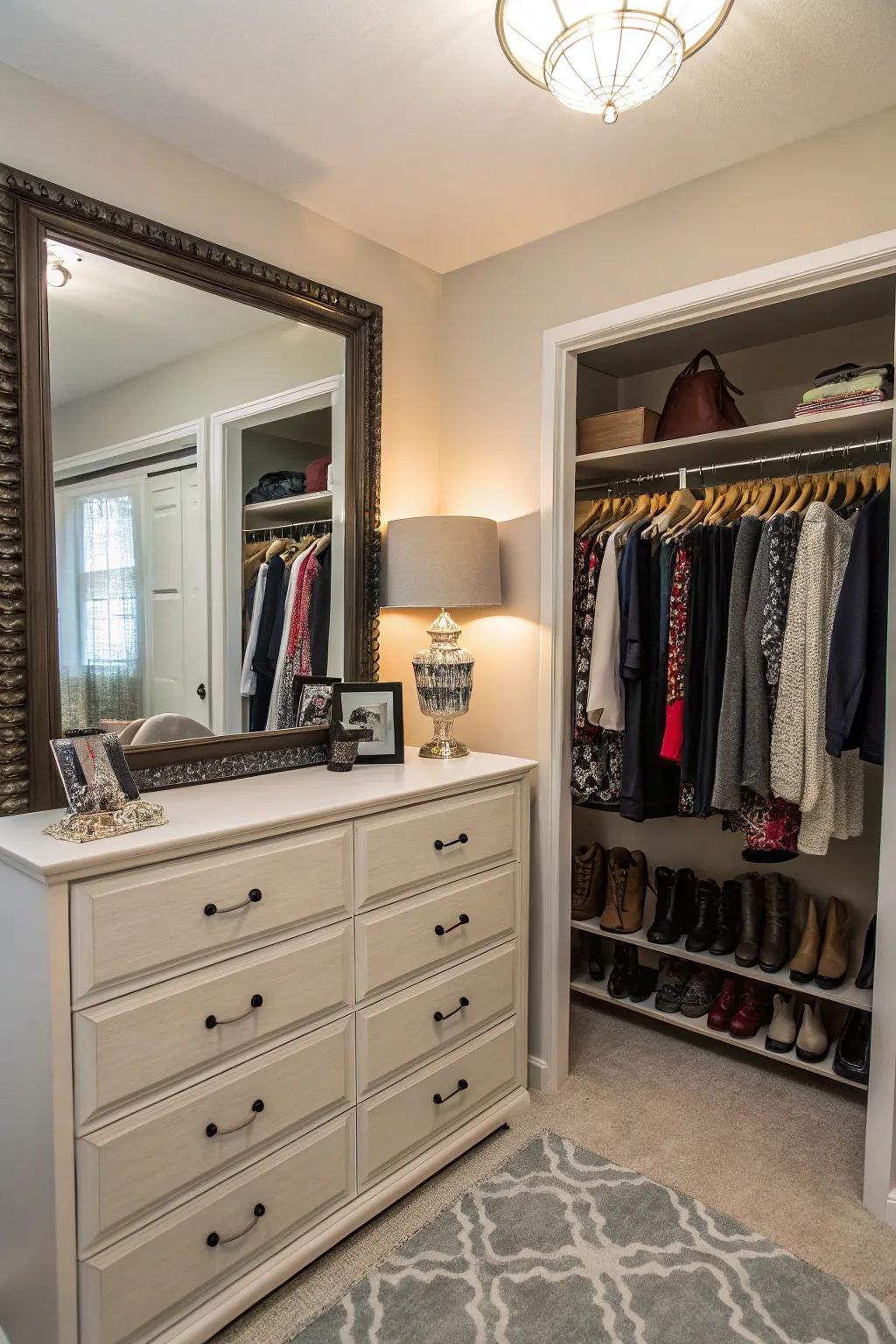 A mirror atop the dresser adding function and flair.