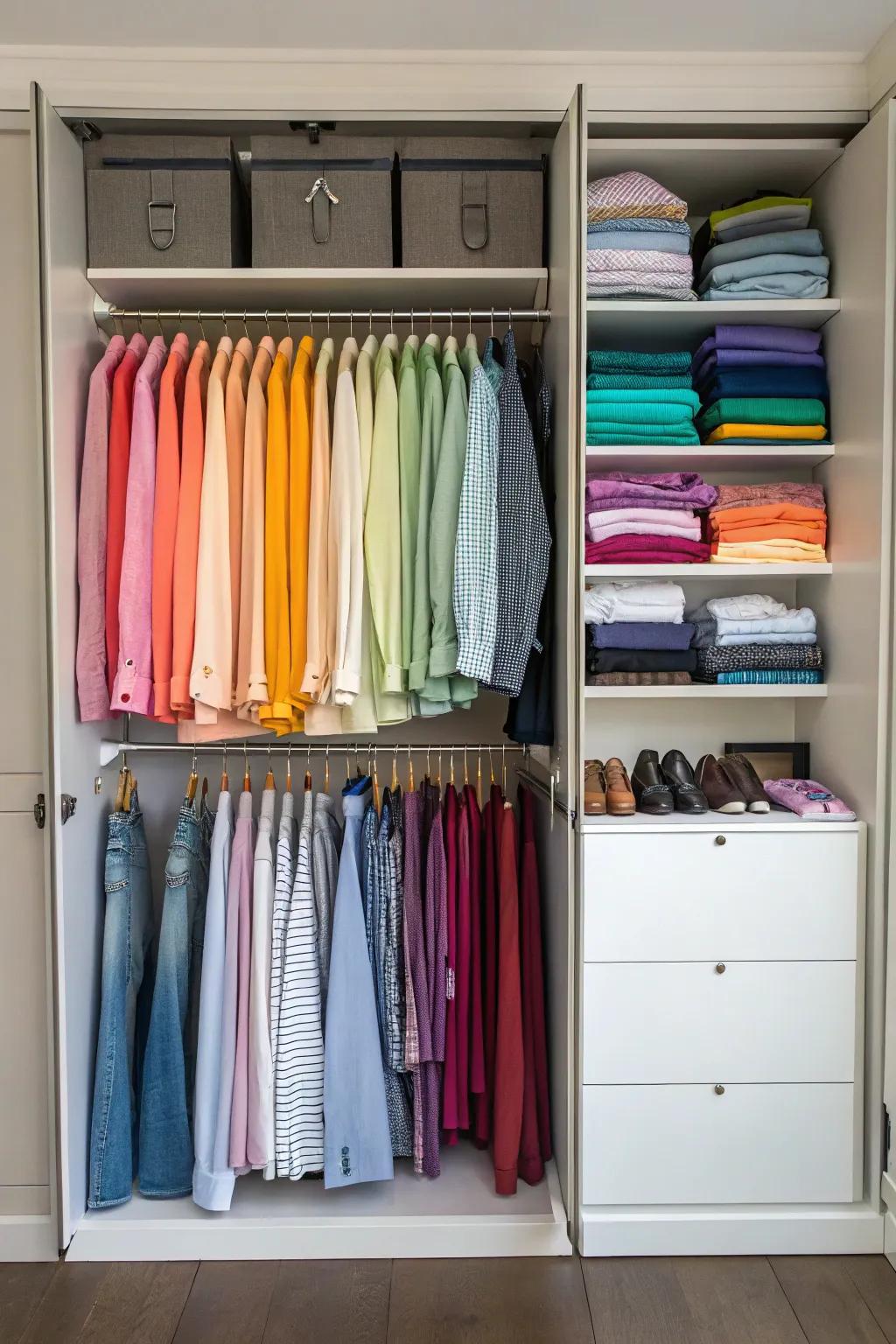 Color coordination creates harmony and order in your closet.