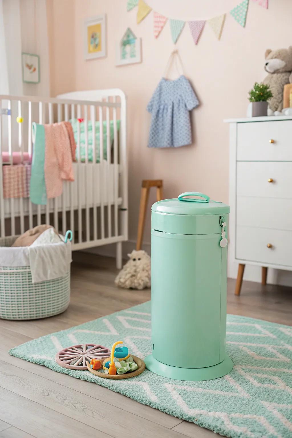 A colorful container adds a playful touch to the baby room while serving a practical purpose.