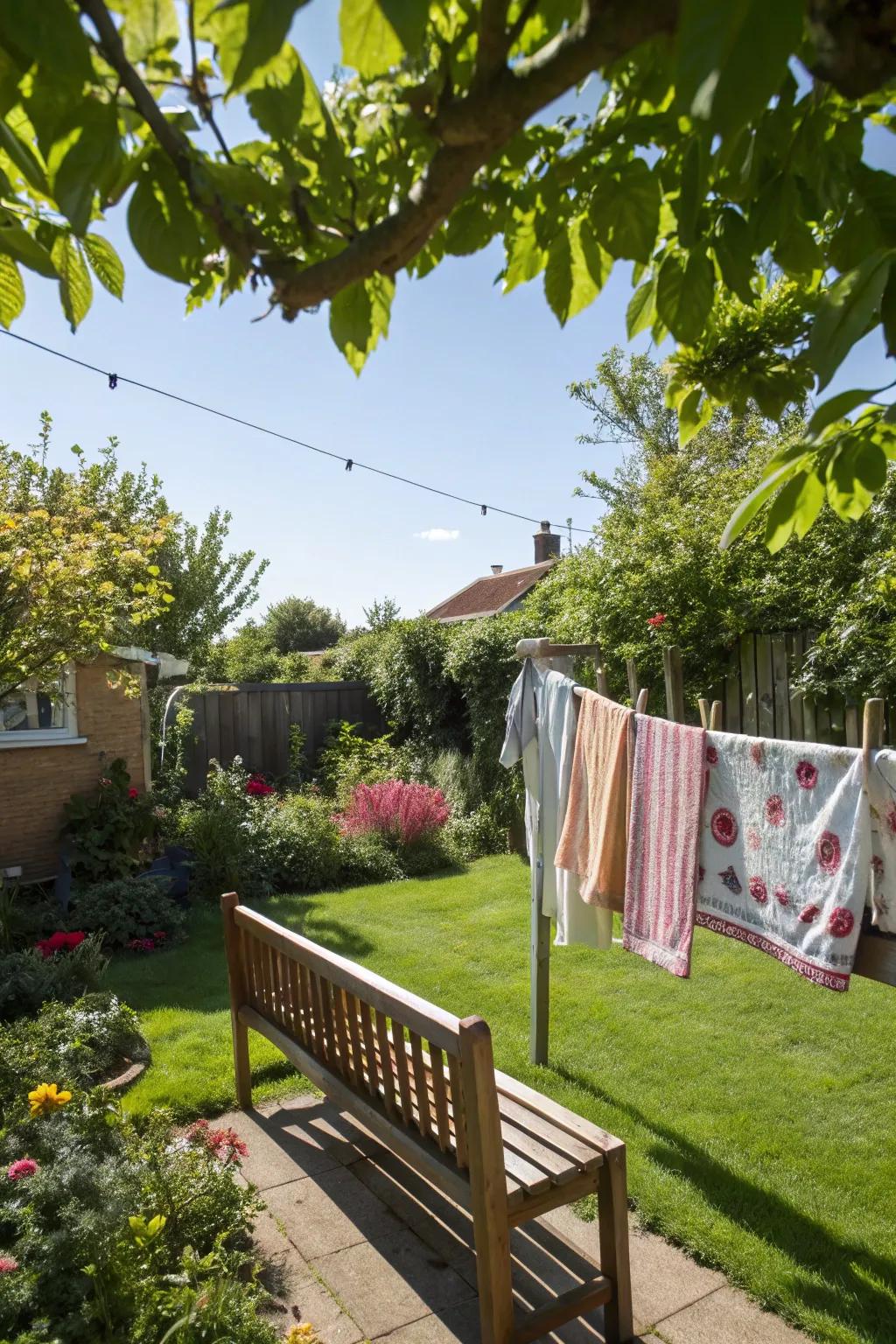 A cozy bench integrated with a clothesline for dual-purpose use.