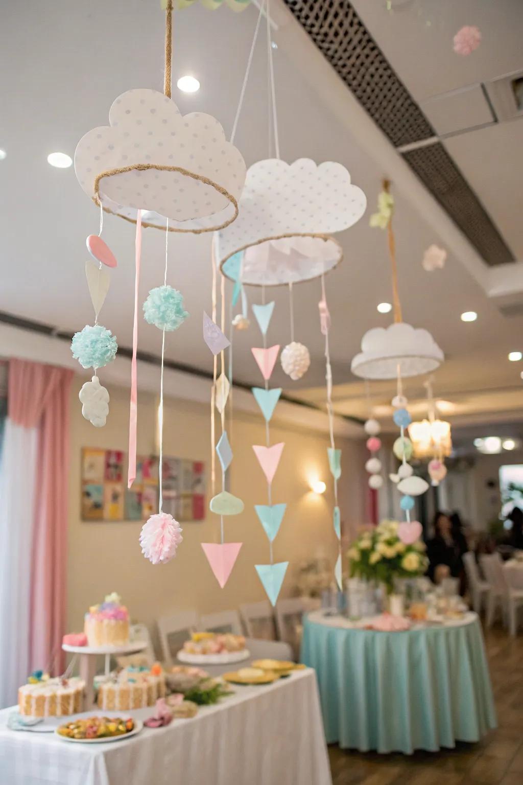 DIY sky dangles bring a handmade, whimsical touch to the baby shower decor.