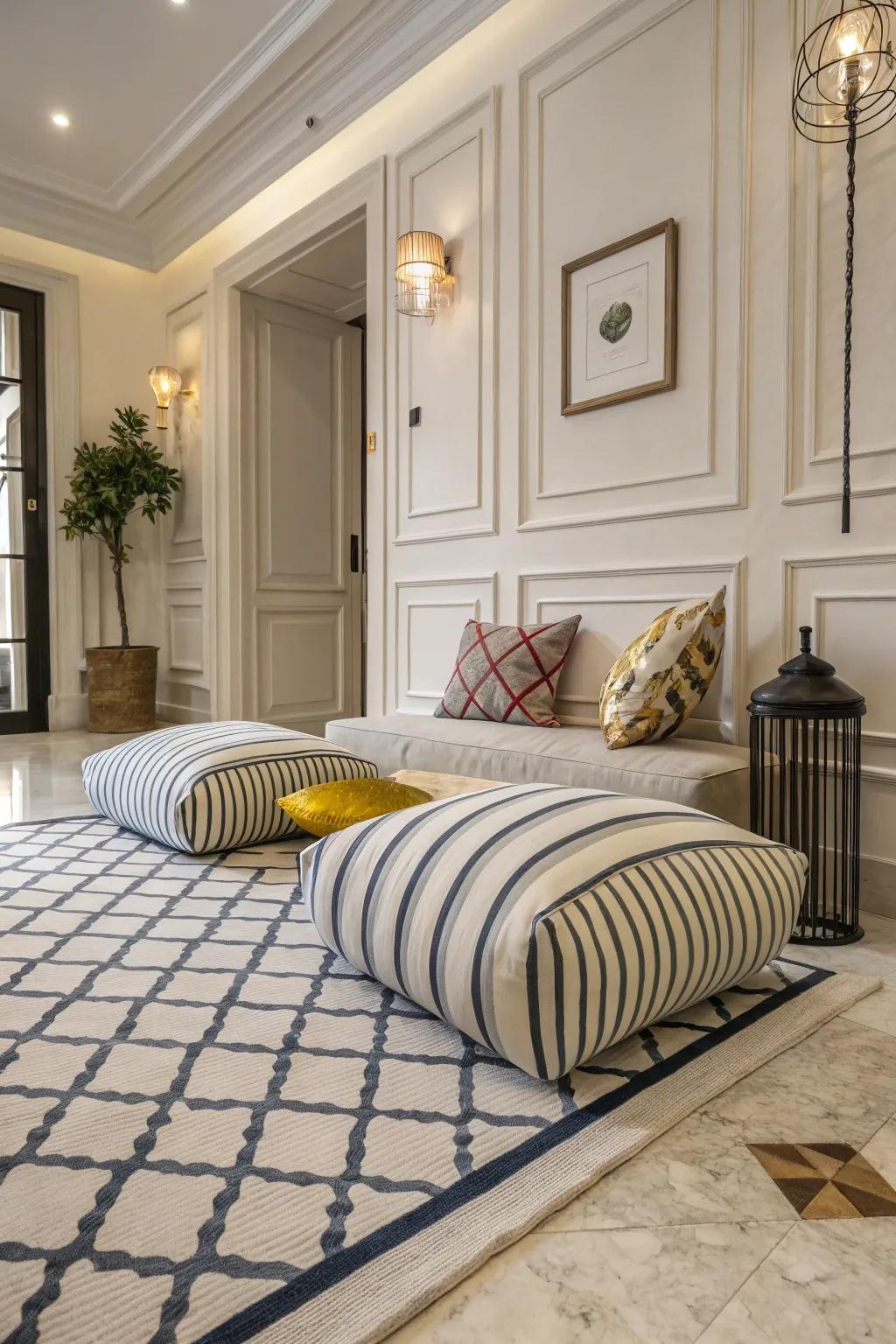 Unexpected patterns add a playful twist to coastal decor.