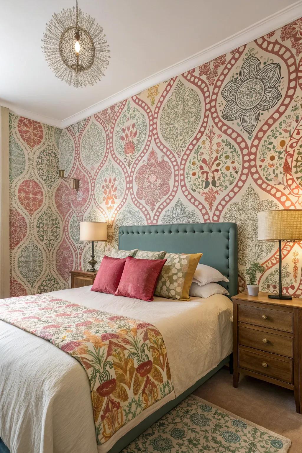 Artistic designs bring a dynamic element to this color-soaked room.