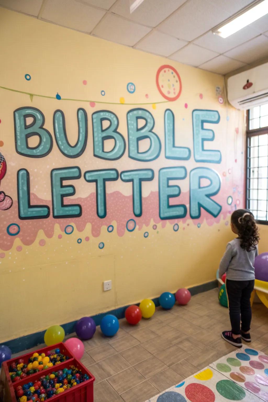 A child's playroom embellished with graffiti of playful bubble letters.