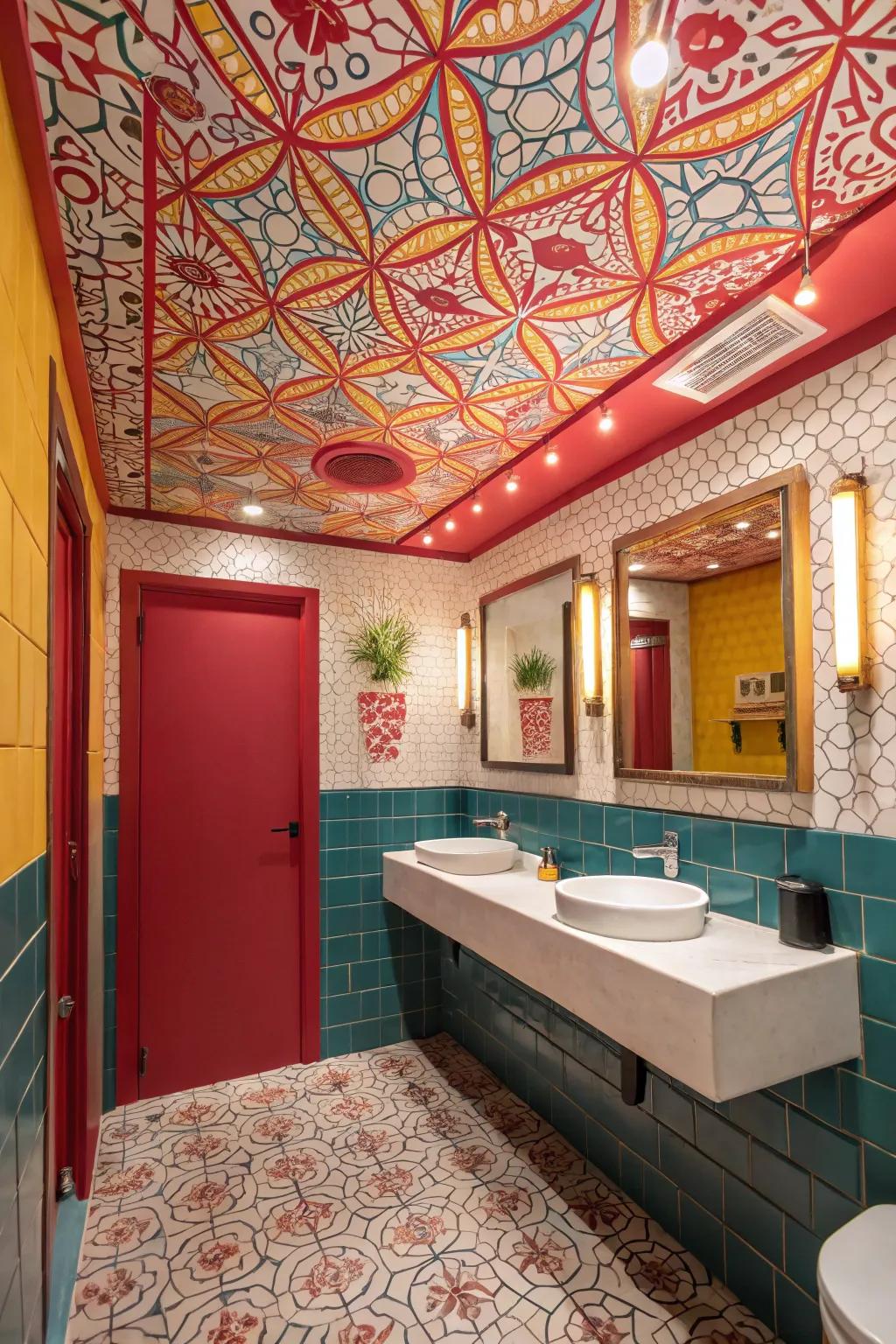 A bold patterned ceiling adds a surprising spin to this powder room.