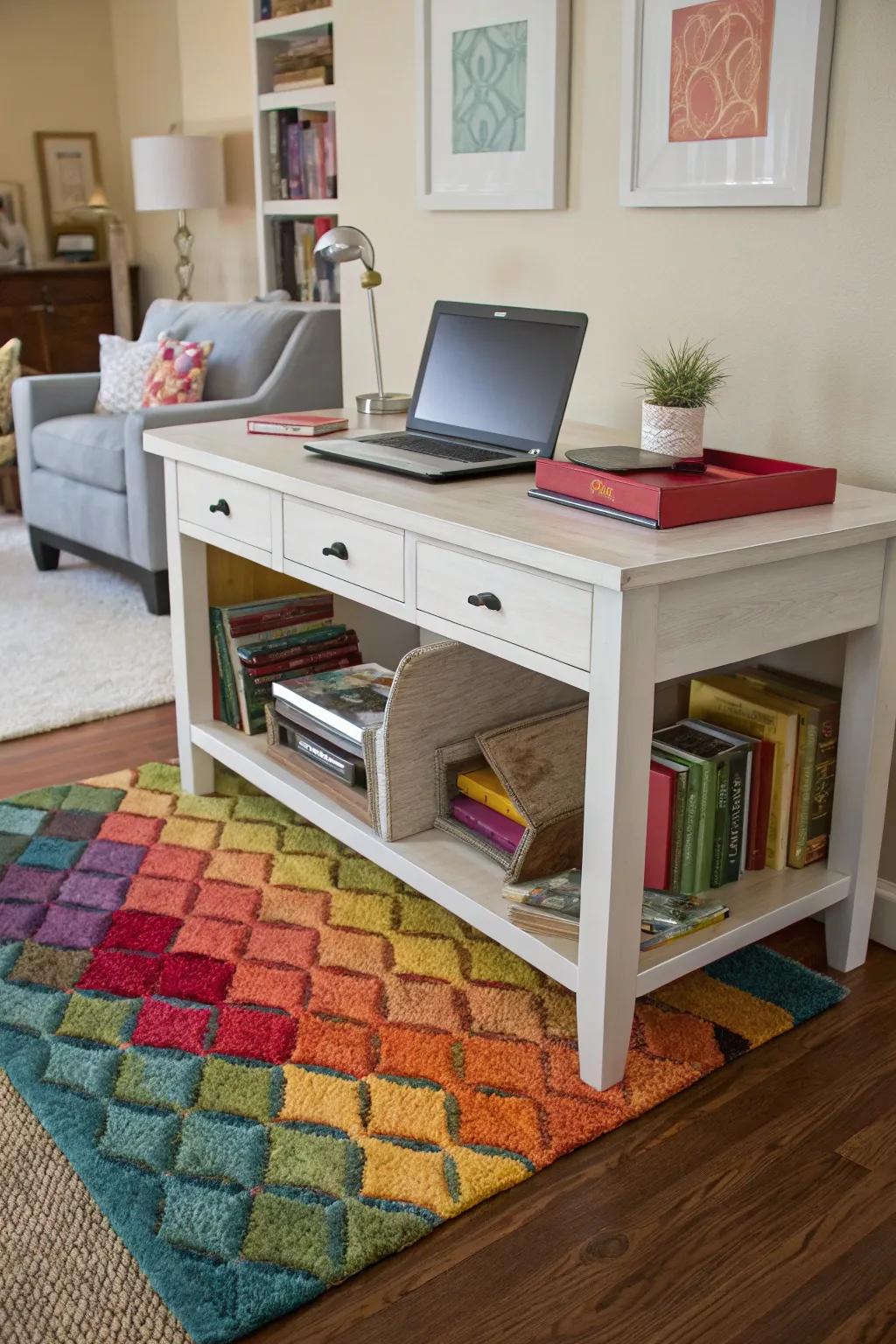 A rug defines the office space with style and comfort.