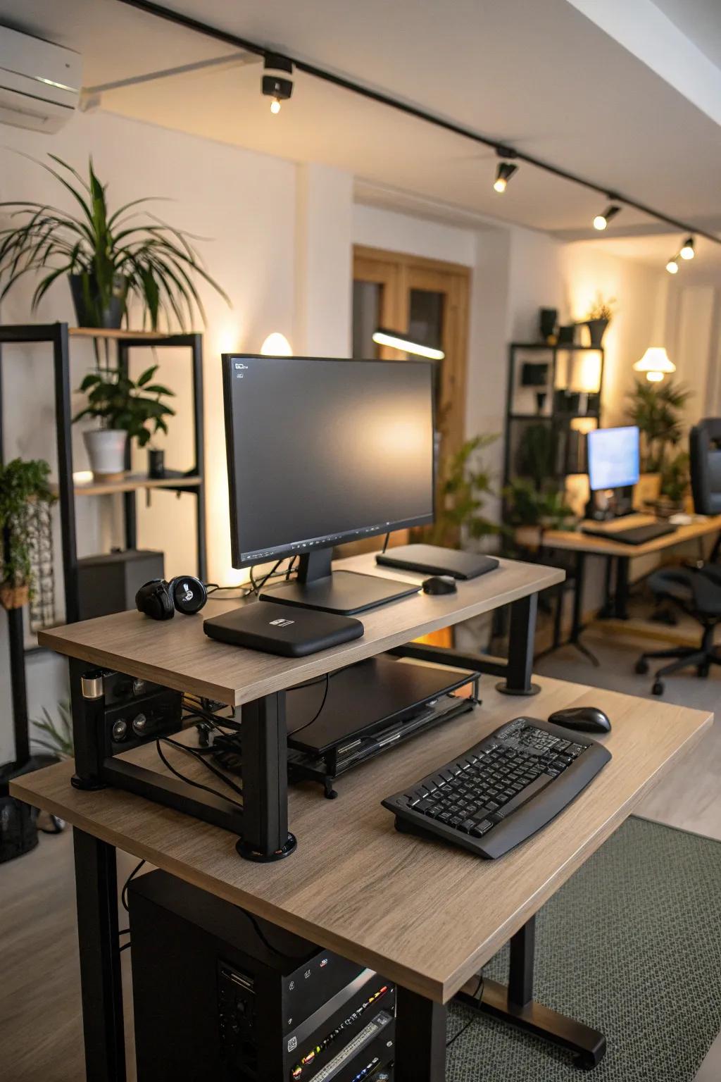 A dynamic computer room featuring a versatile standing desk.