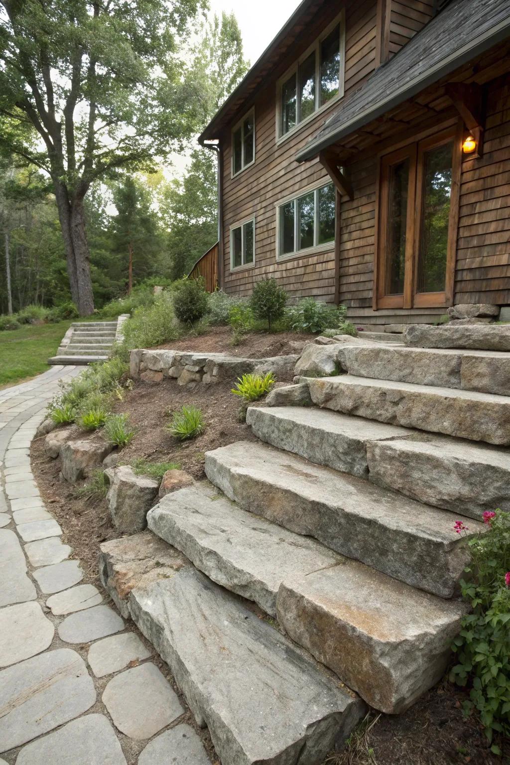 Concrete mimicking stone for a rustic feel.