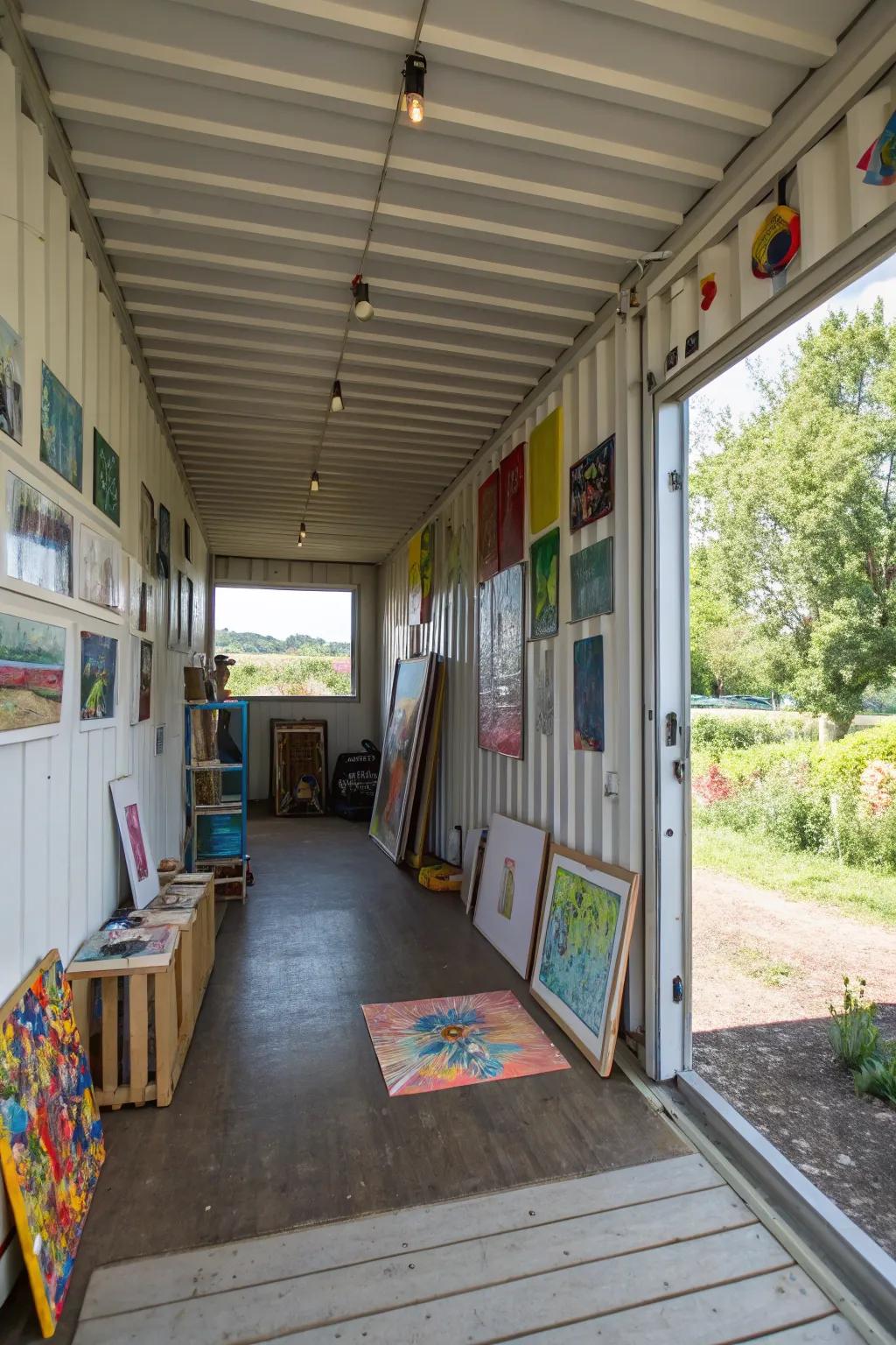 Create an art studio within a container, ideal for creative endeavors.