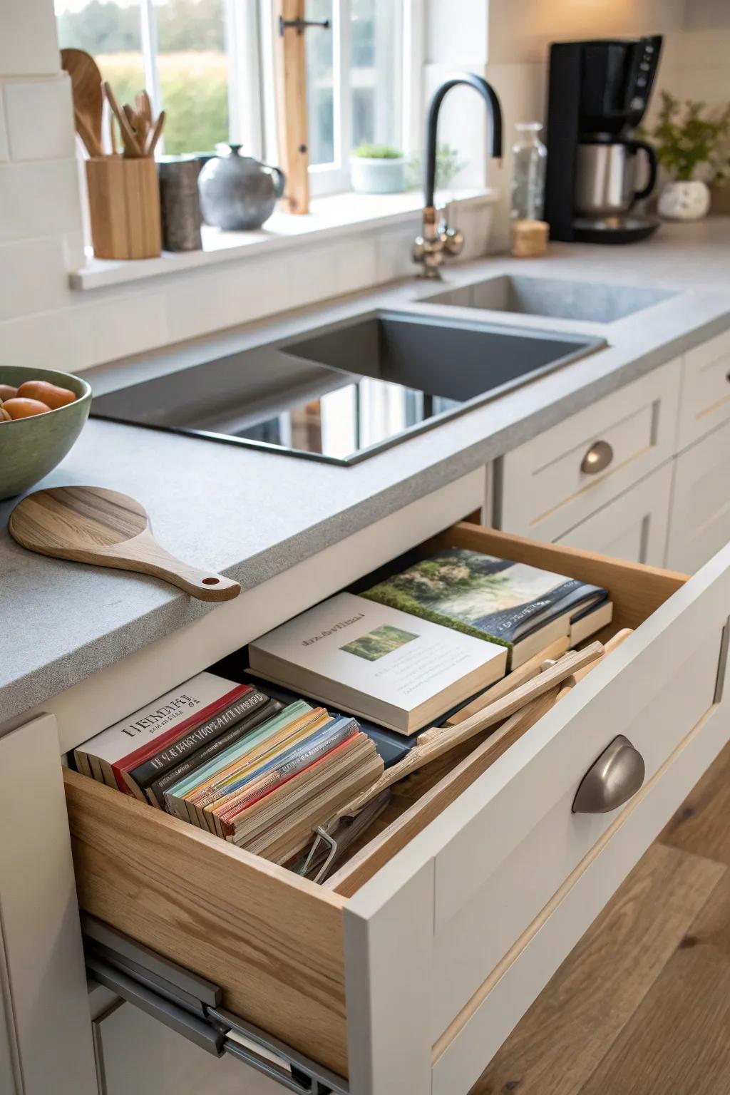A concealed drawer presents secretive arrangement for cookbooks.