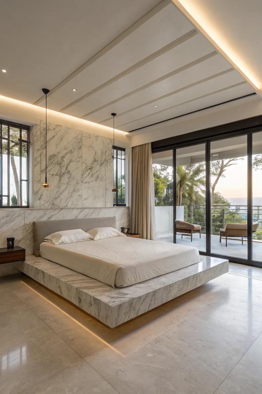 A floating marble bed creates an illusion of elegance and modernity.