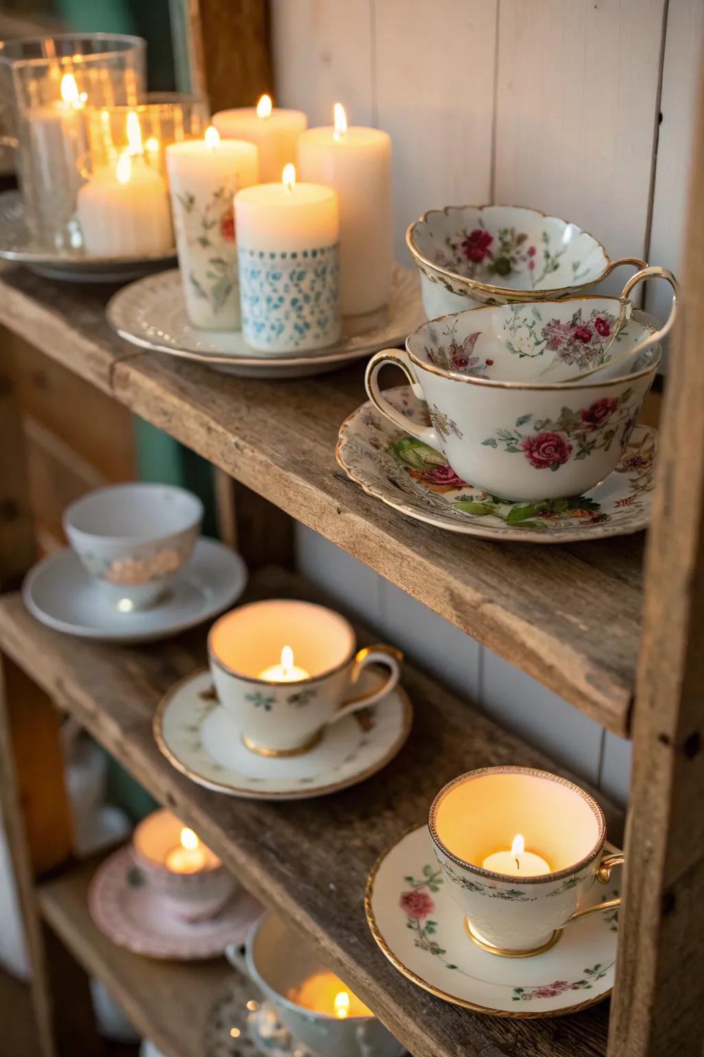 Vintage cups are perfect light holders.