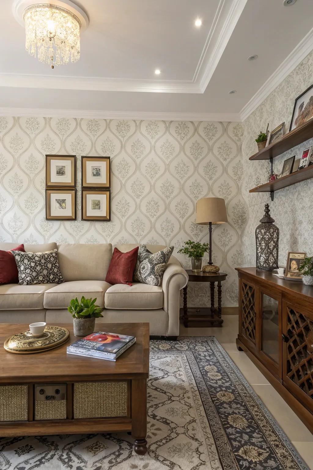 Partial paneling injects dimension and intimacy into this spacious living space.
