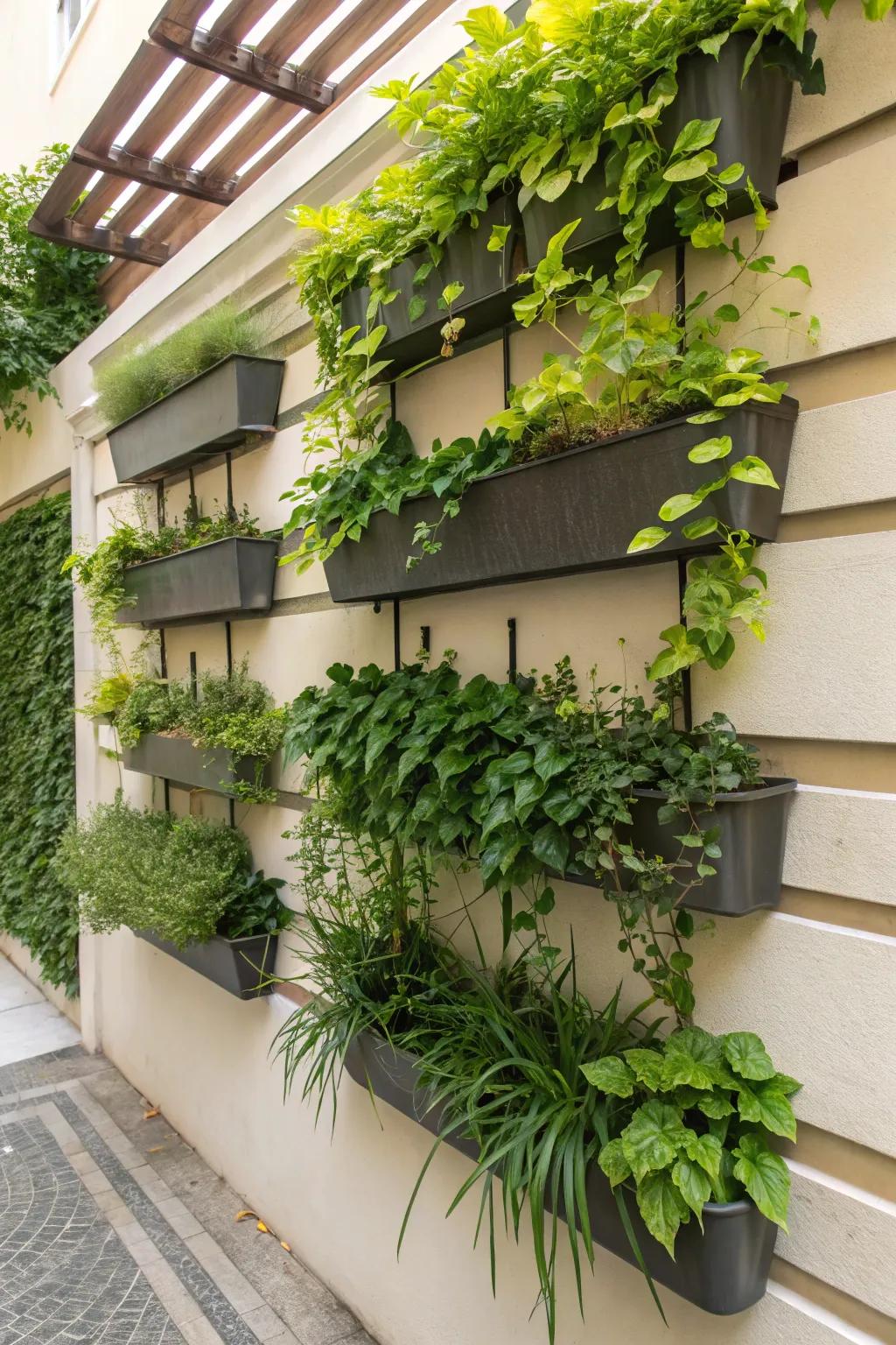 Wall-mounted planters maximize greenery without using floor space.